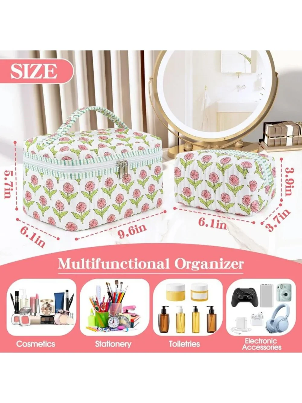 Floral Boho Makeup Bag Set - 2Pcs Large Capacity Cosmetic Organizer for Travel
